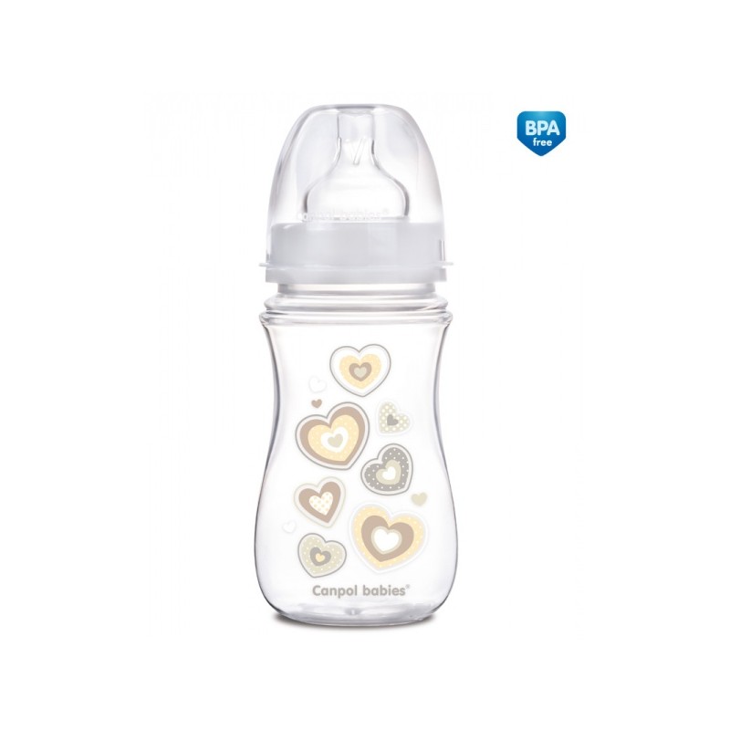CANPOL 35/217 Butelka szerokootworowa antykolkowa Easystart Newborn Baby 240 ml beżowe serduszka